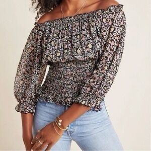 Anthropologie Size M Black Floral Smocked Peasant‎ top Off Shoulder coquette